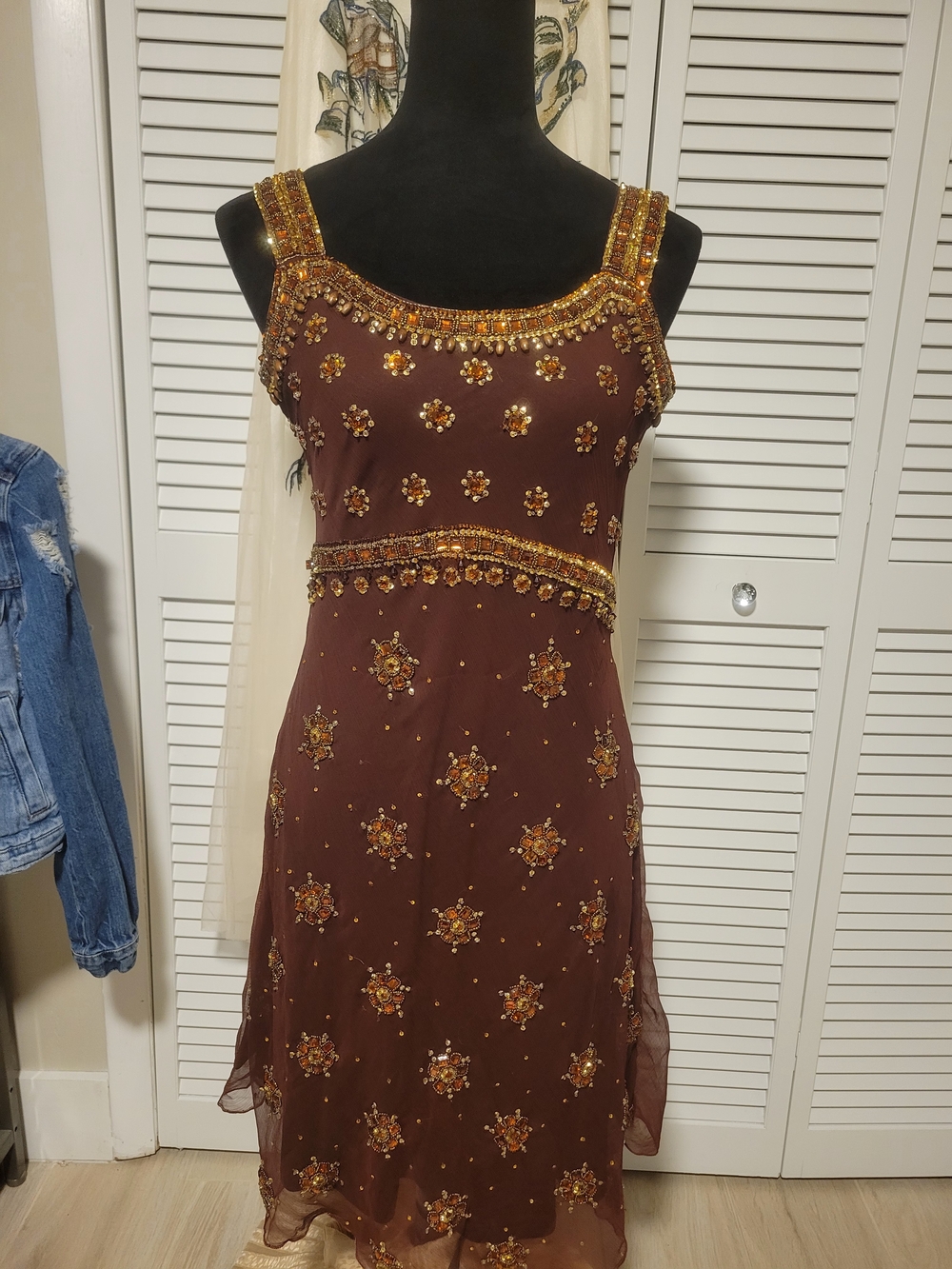 Vintage Y2k Embellished Brown Sleeveless Beaded Dress